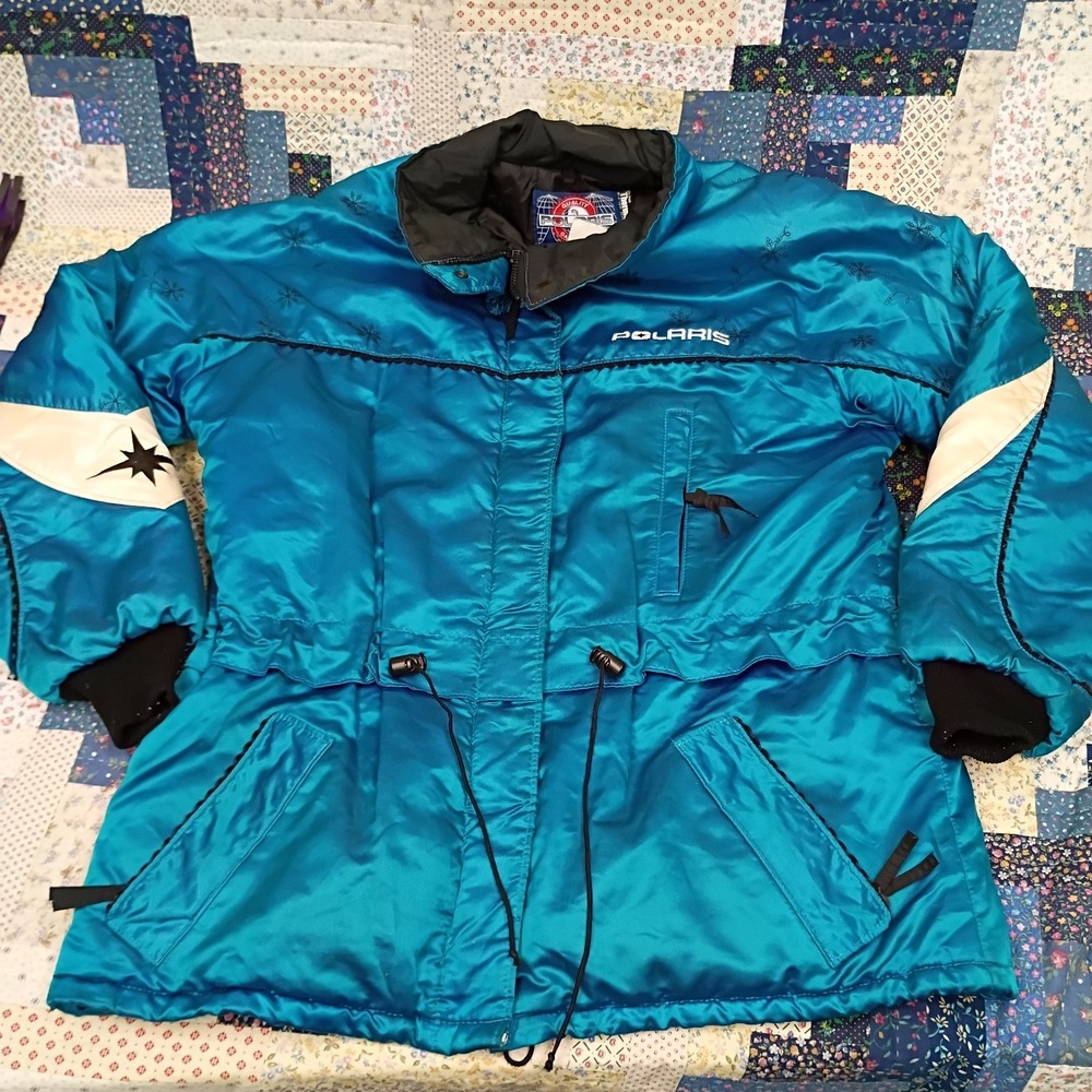 Vintage Polaris Mid Length Jacket Large Blue‎ Satin Embroidered Snowflakes